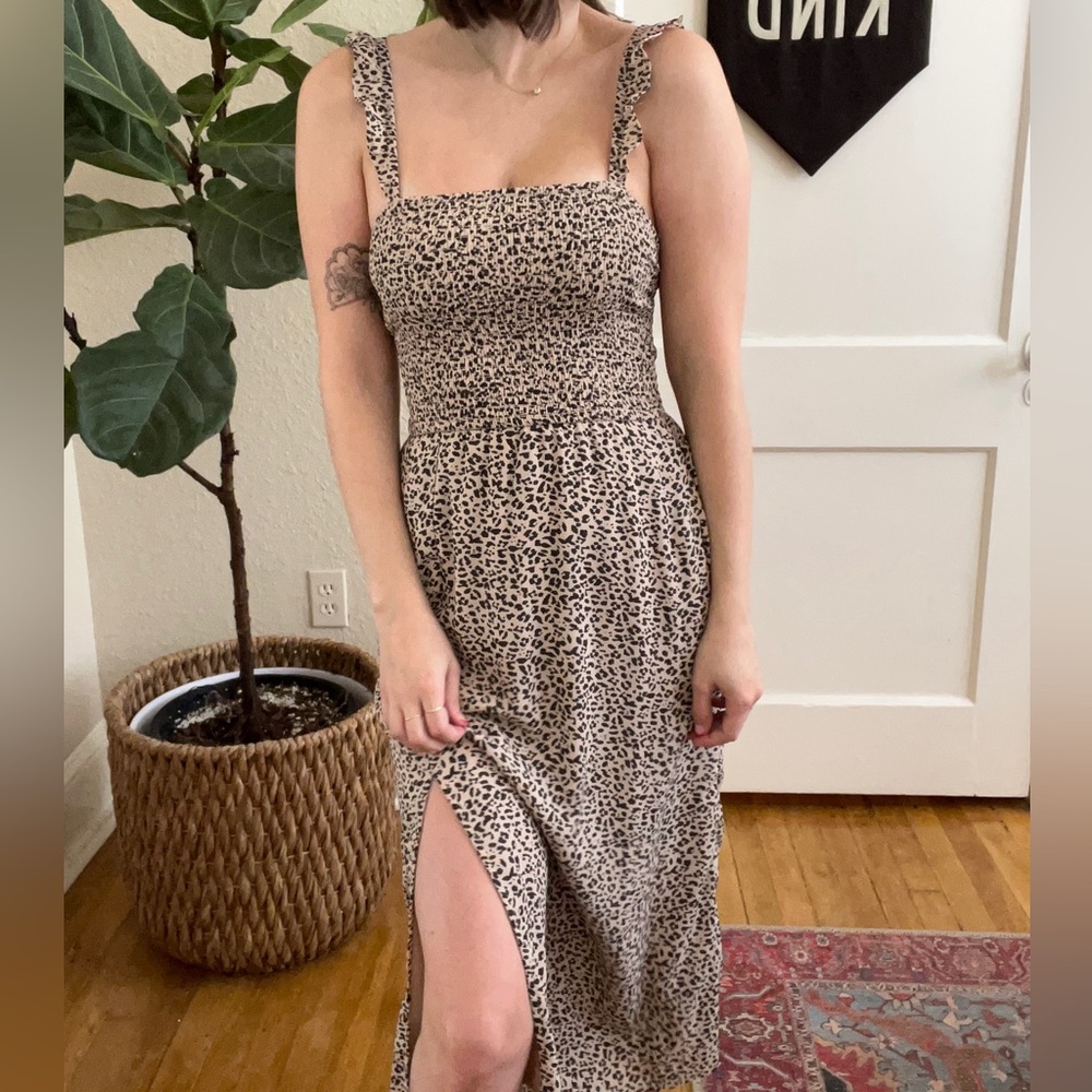 Abercrombie Animal Print Midi Dress with Ruffled Sleeve Detail